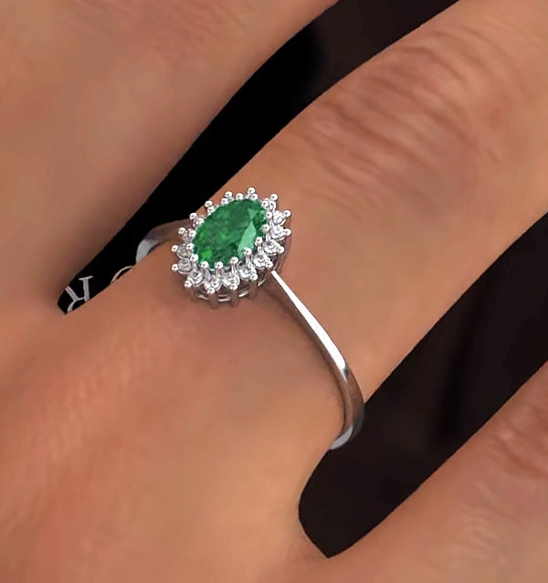 Emerald 6 x 4mm And Diamond 9K White Gold Ring Item A4434